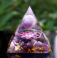 Orgonite Pyramid with Amethyst Sphere, Gold Leaf &amp; Lotus Flower